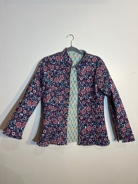 Quilted Floral-Print Cotton Block Print Reversible Jacket Navy Pink Aqua S/M